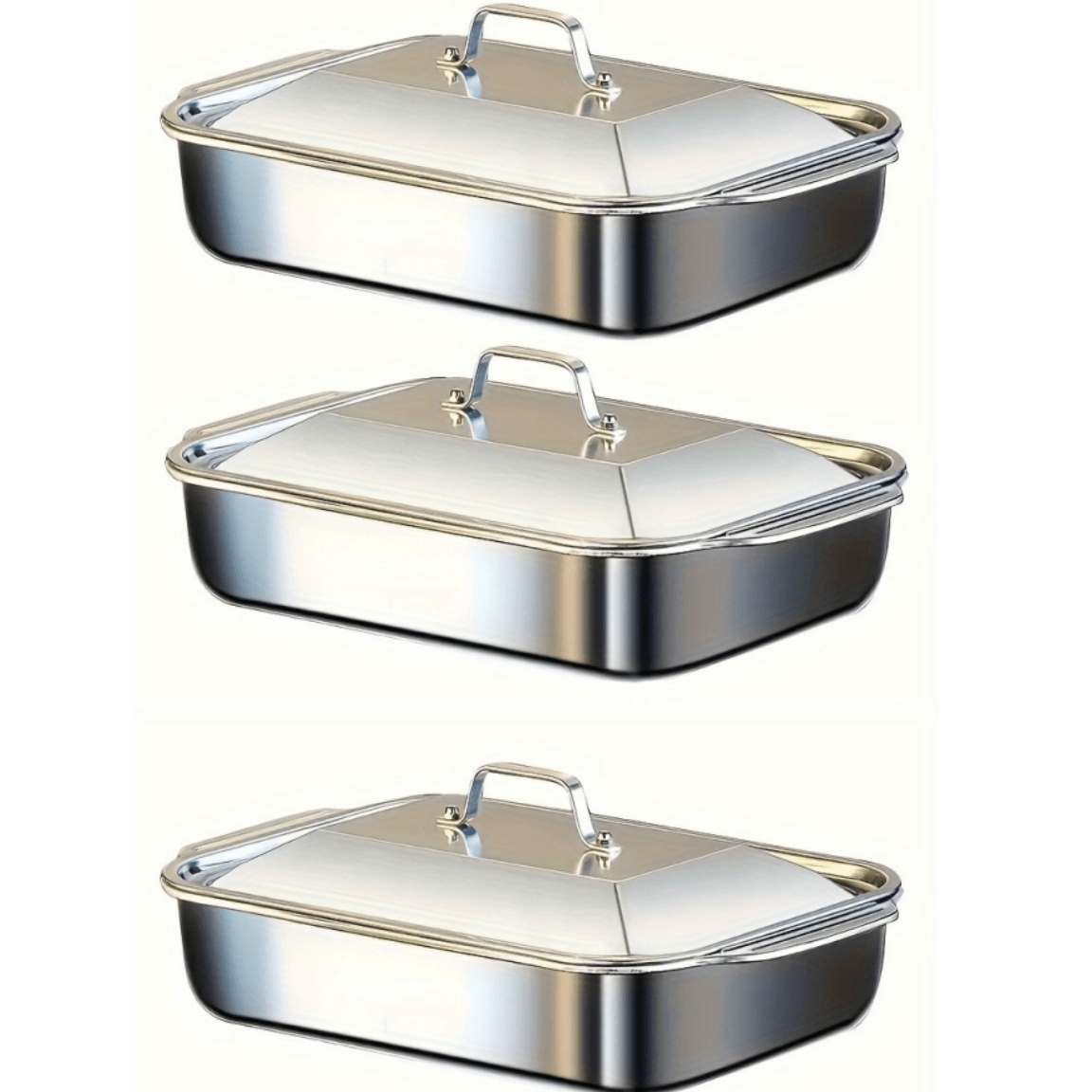 

3 Covered Stainless Steel Baking Trays, Heavy-duty Rectangular Baking Trays For Baking, Barbecues, Buffets And Battery-free Dining Events