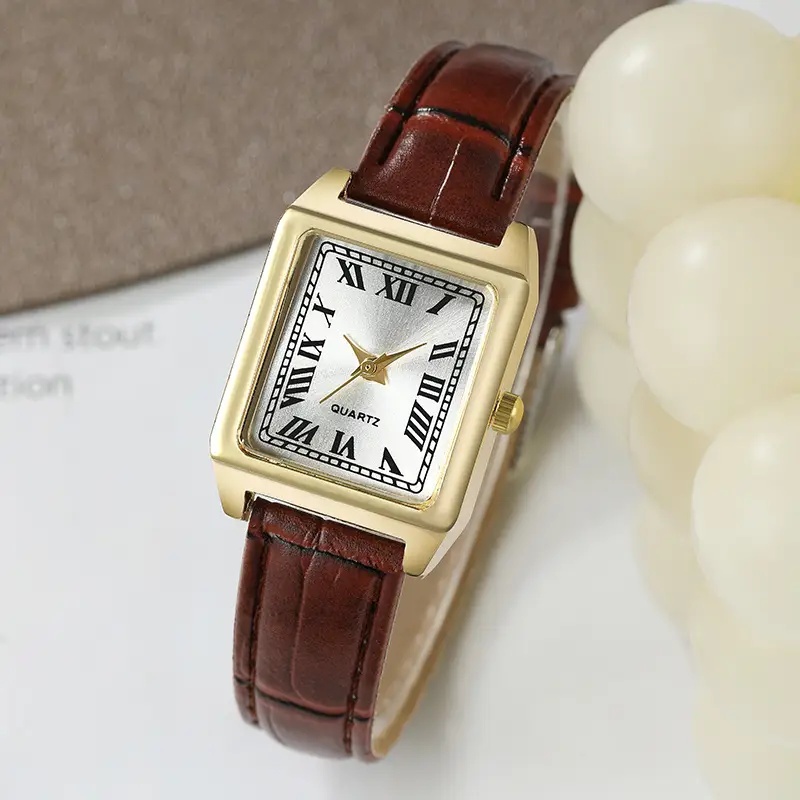 Elegant Women's Geneva Quartz Watch With Brown Faux Leather Strap And Golden-tone Square Case – Perfect For , Gift For Her