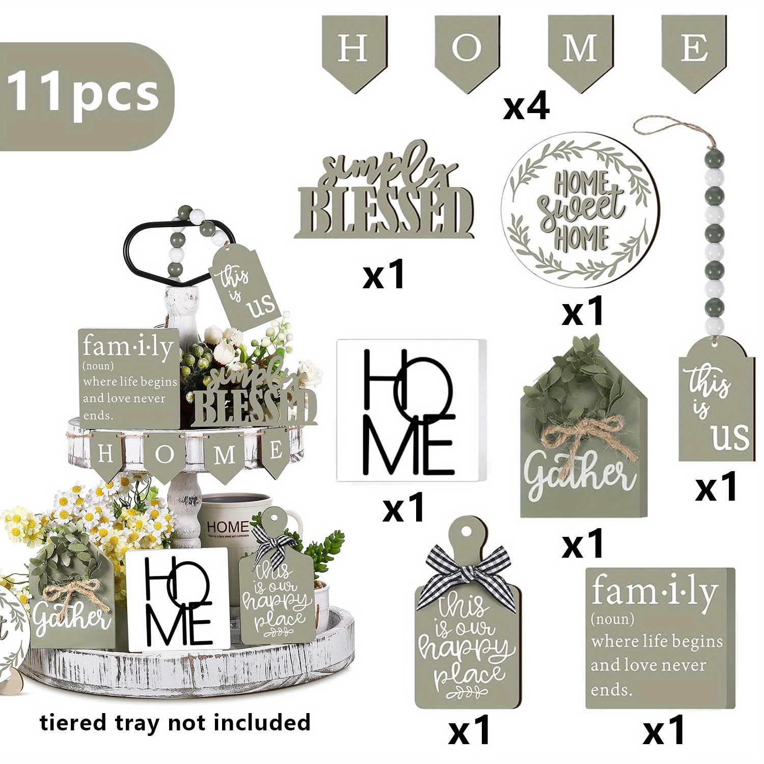 11pcs Rustic Tiered Tray Decoration Set Featuring A '' Centerpiece Sign, Perfect For Enhancing The Decor Of A Rustic Kitchen Tabletop