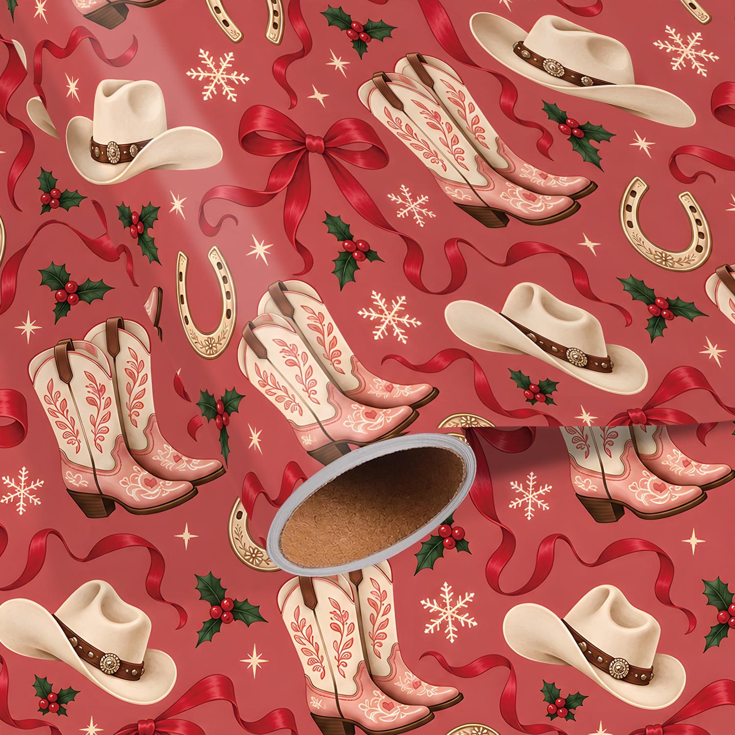 TEMU Roll Pink Western Cowgirl Wrapping Paper Suitable For Xmas Gifts, Birthday Presents, Party Decorations - Cowboy Boots, Hats, & Red Bows Design,