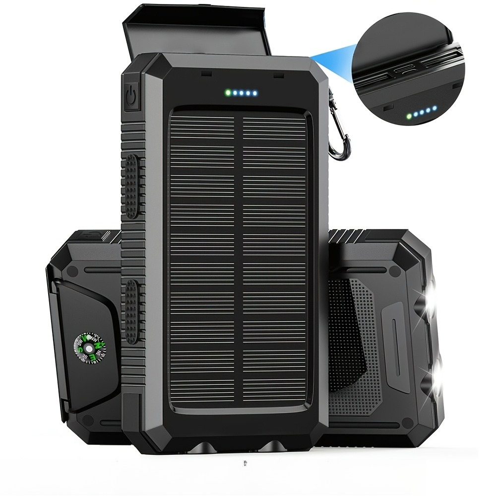 TEMU 29800mah Solar Power Bank Portable Solar Charger Built-in Dual Flashlight External Backup Battery Power Pack With Usb C Input/output/led