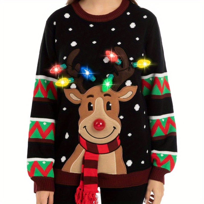 

Festive Led Reindeer Christmas Sweater For Women - Black, Acrylic, With Blinking Lights & Multiple Sizes