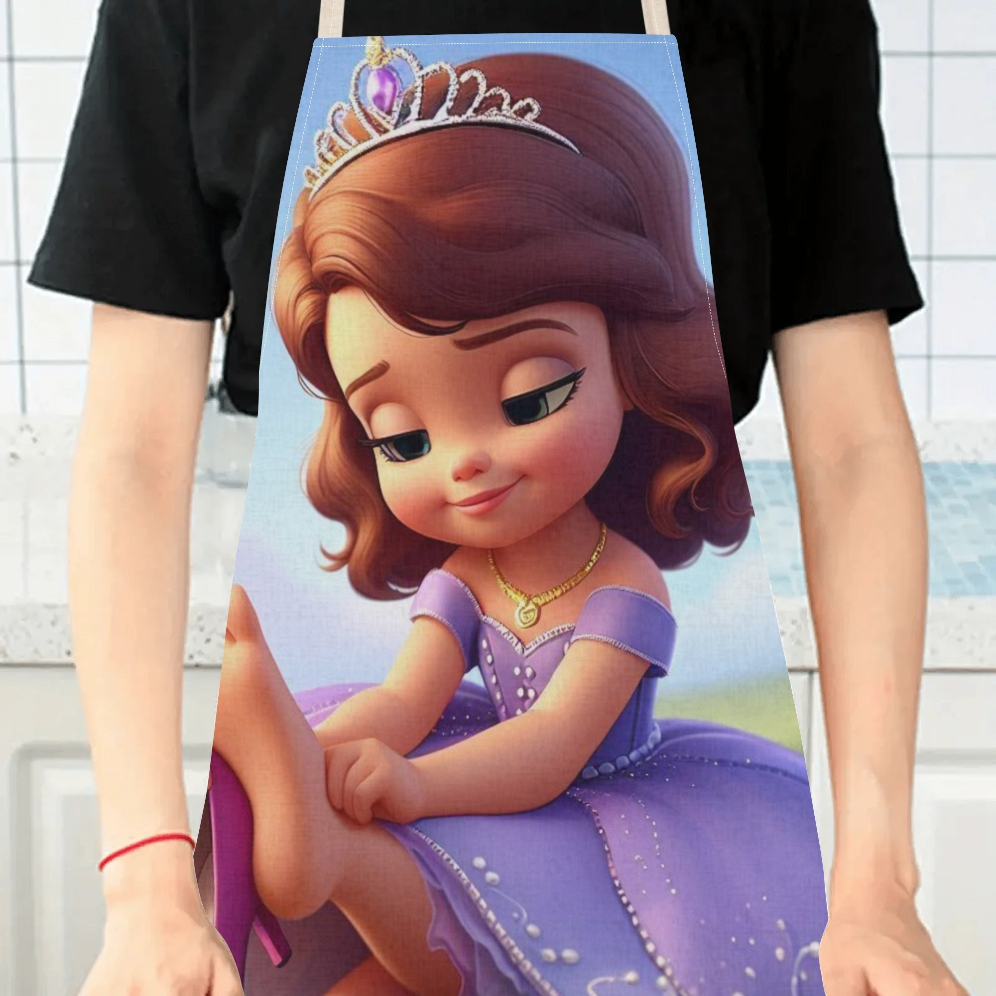 disney   waterproof apron - vibrant cartoon princess design,   polyester, ideal for home, restaurants, cafes & more - stylish & simple with flower pattern details 3