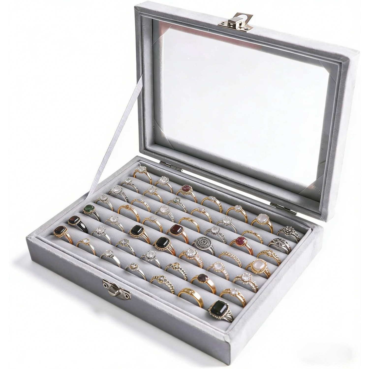 TEMU Ring Jewelry Storage Box, 49-slot Ring Display Storage Case, Earring Display Box - Black Velvet Jewelry Tray With Transparent Glass Lid - Ideal