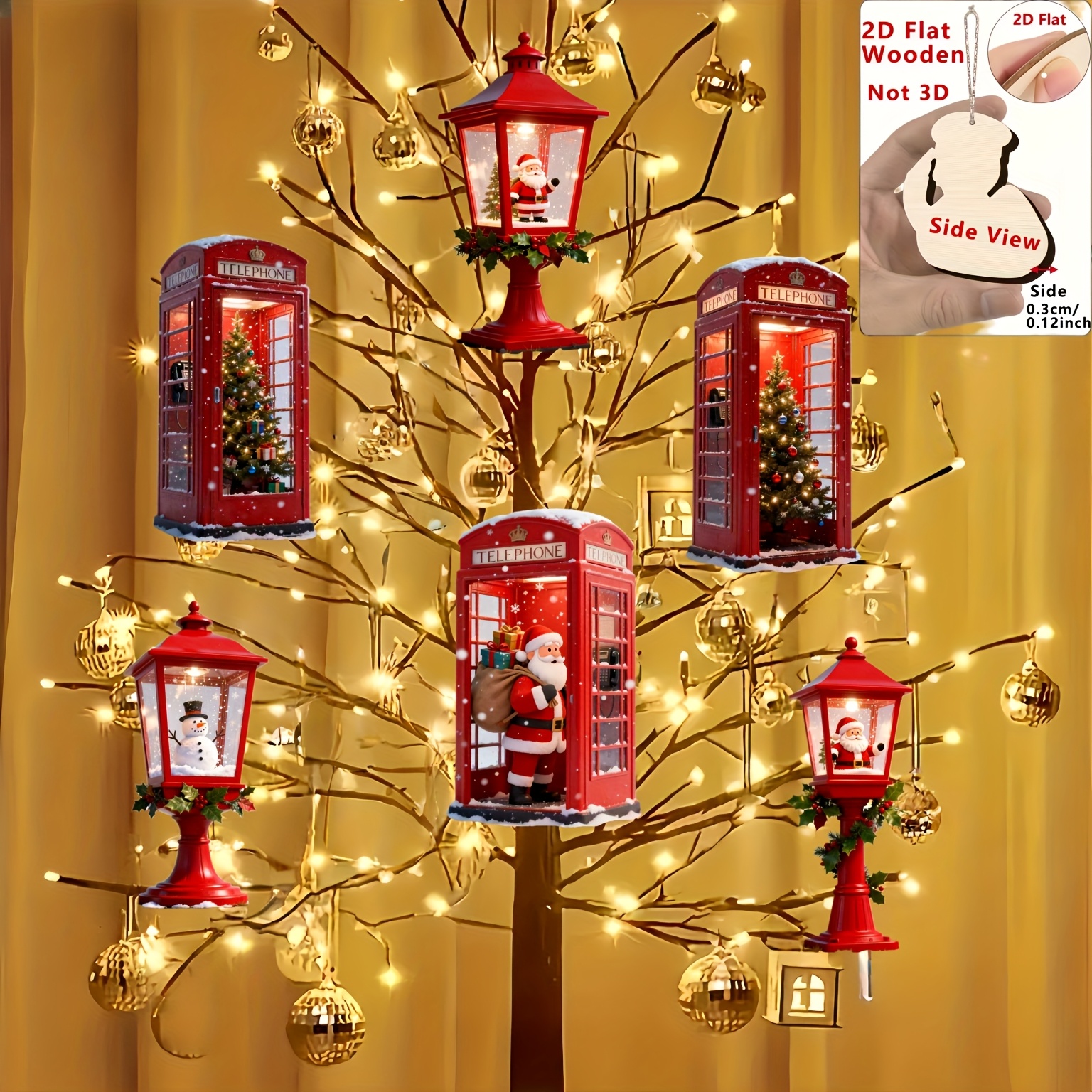 TEMU Adornos de madera planos 2D, 6 piezas, navideño, estilo , y de farola , adornos colgantes para árbol de Navidad, adornos colgantes para fiestas,