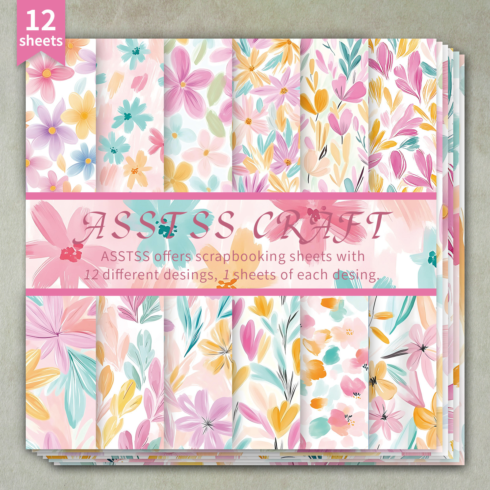 TEMU Bloc de papier de scrapbooking ASSTSS 12 feuilles, fournitures de papier de fond floral aquarelle moderne, carton épais pour journal, art de