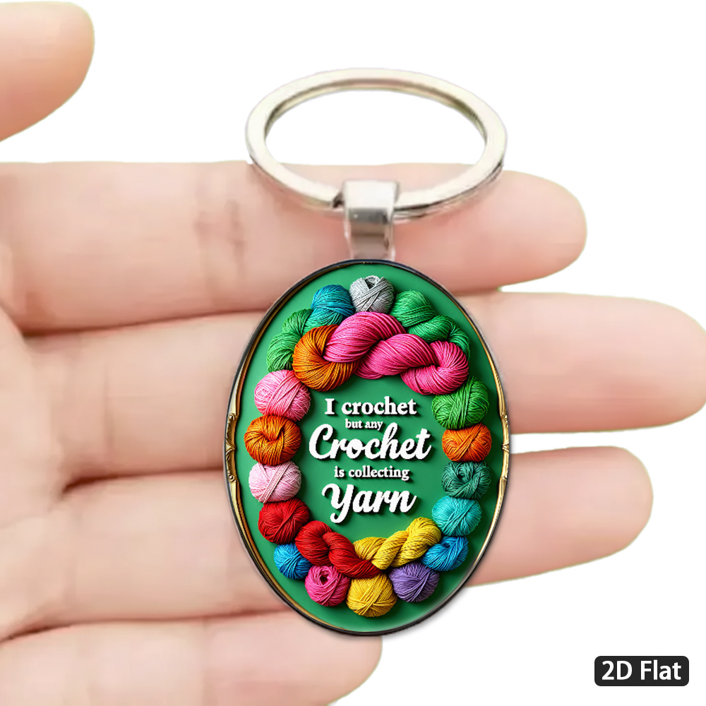 TEMU 2d Flat, 1pc 2d Flat Vintage Woven-themed "i , I Love Collecting Yarn More" Keychain, Multicolor Hand-dyed Yarn Circular Pattern, Soft Texture.