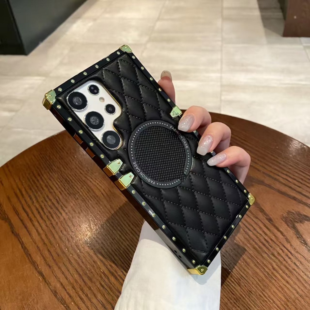 TEMU Phone Case: Creative Solid Color Synthetic Leather Black Straight- Lace Border Diamond Magnetic Phone Case, Compatible With Galaxy A12 A13 A23