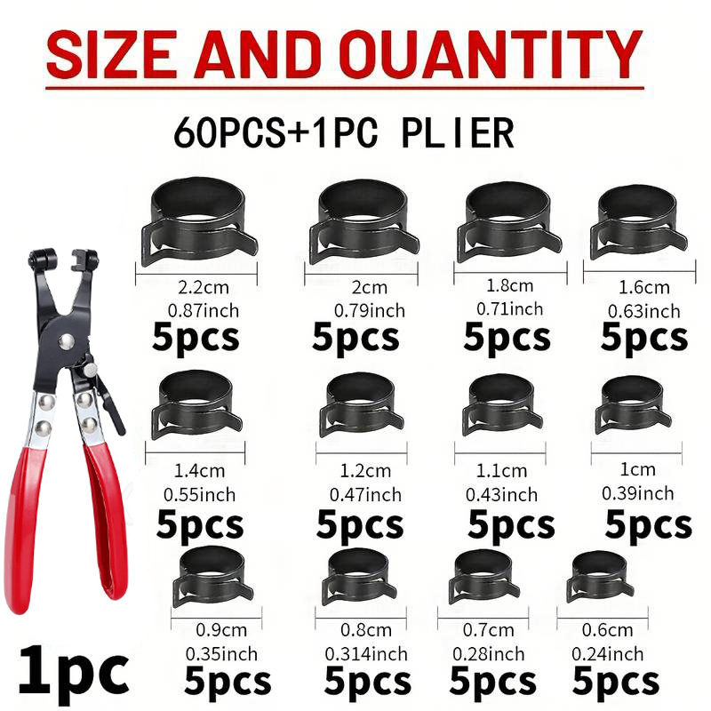 TEMU 61pcs Hose Clamp Kit With Black Plier - 60pcs Pipe Clamps 6-22mm (1/4