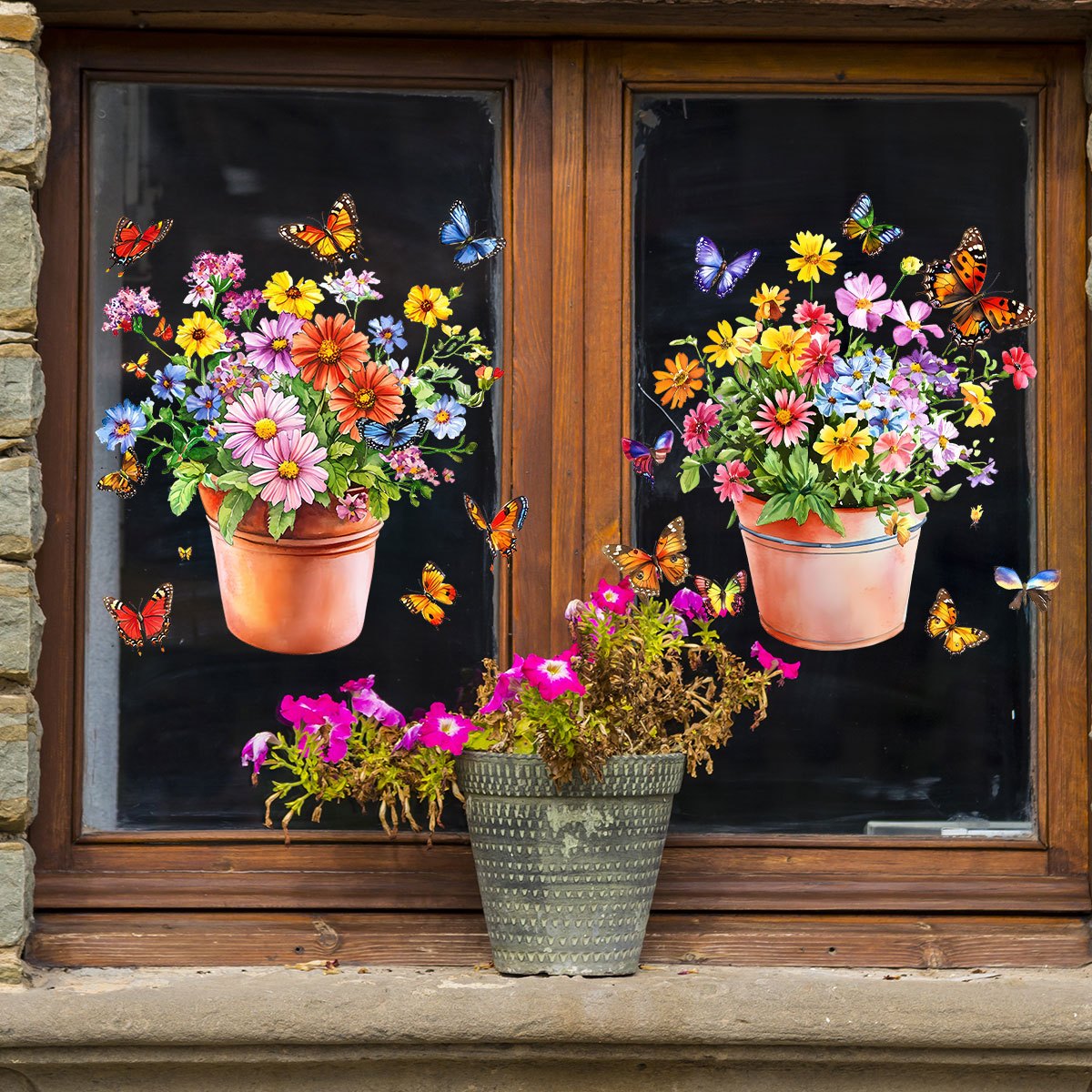 E-shop 2 Stk. frischer Fensteraufkleber mit bunter Blumenvase, Schmetterling, Libelle, elektrostatischer Aufkleber, Glasaufkleber, Schaufenster,