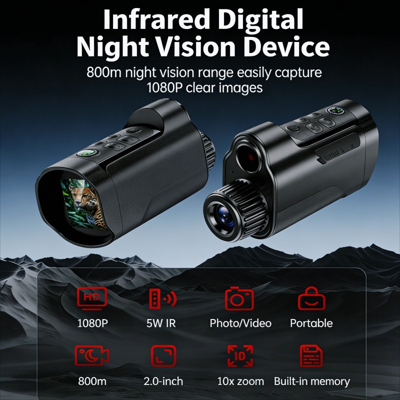 5W 1080P Digital Night Vision Monocular with 10X Zoom, 2" Screen, 2600 ft Range for Hunting and Security
