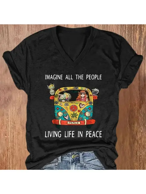 womens casual short sleeve v neck t shirt black graphic print with all slogan colorful floral peace van design medium washable spring summer festival attire bohemian style