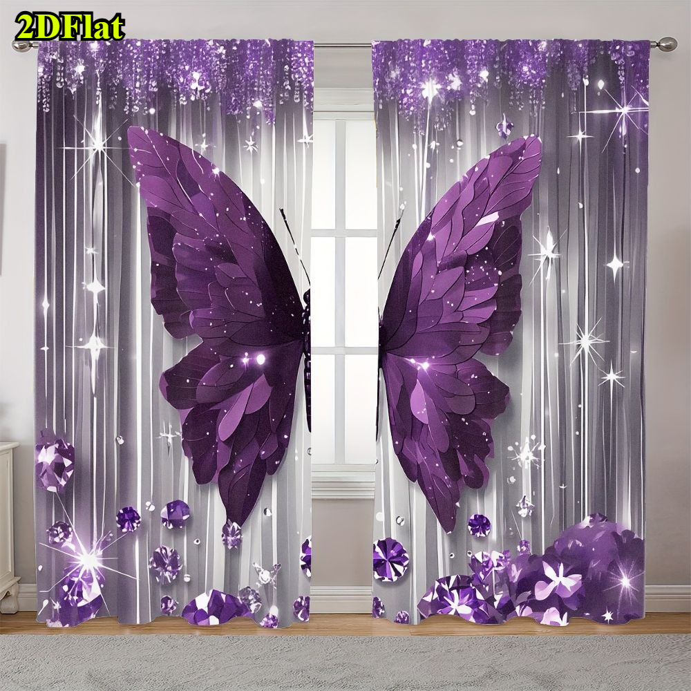 TEMU 2d Flat, 2pcs Set Of 2d Fantasy Purple Gemstone Curtains, Vertical Silvery Stripes With Star Light Effect, Shiny Flowers And Gemstone