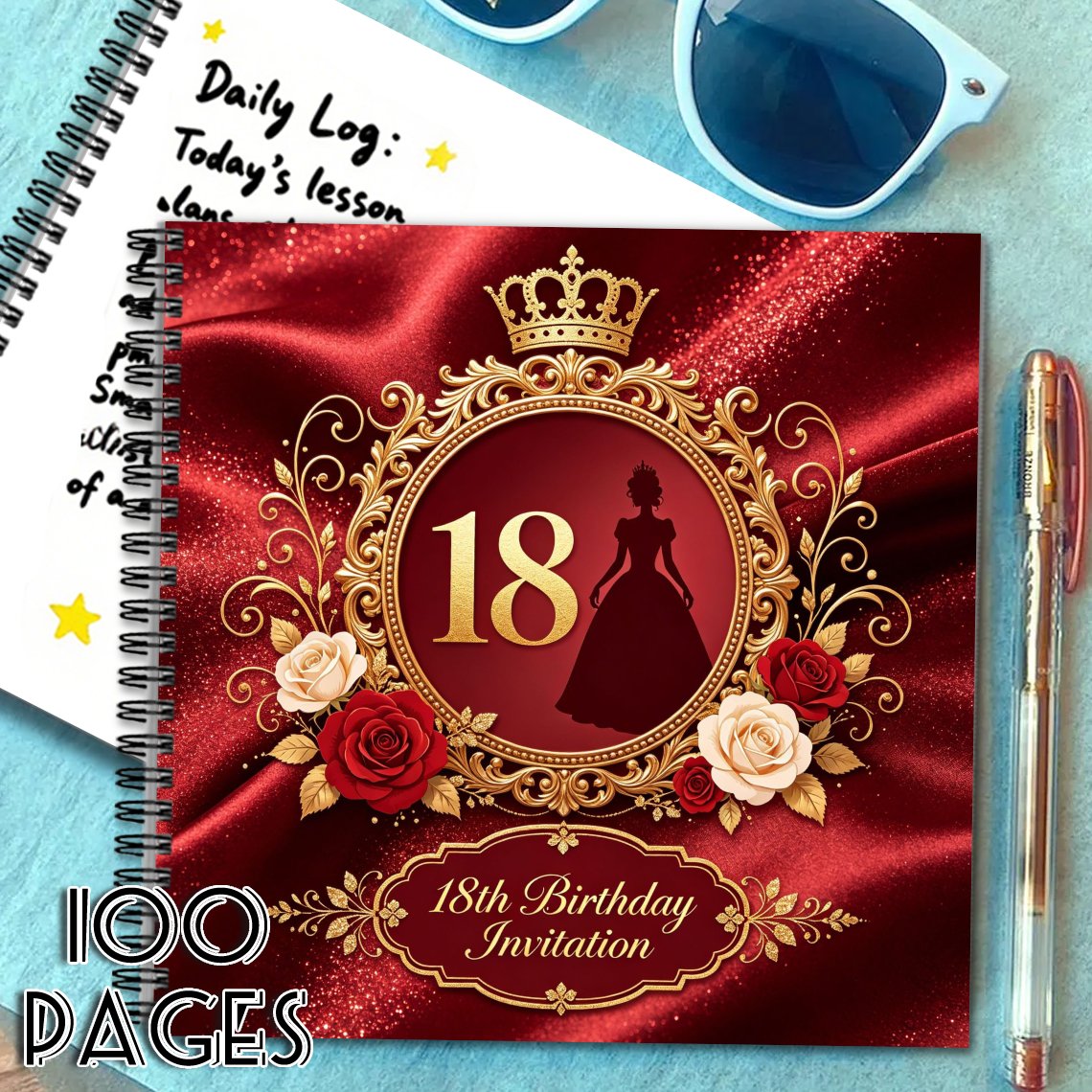 TEMU 'or à , 1 pièce, pour 18e anniversaire, décoration couronne rouge et dorée avec roses, carnet carré à messages vierges, cadeau idéal pour et ,