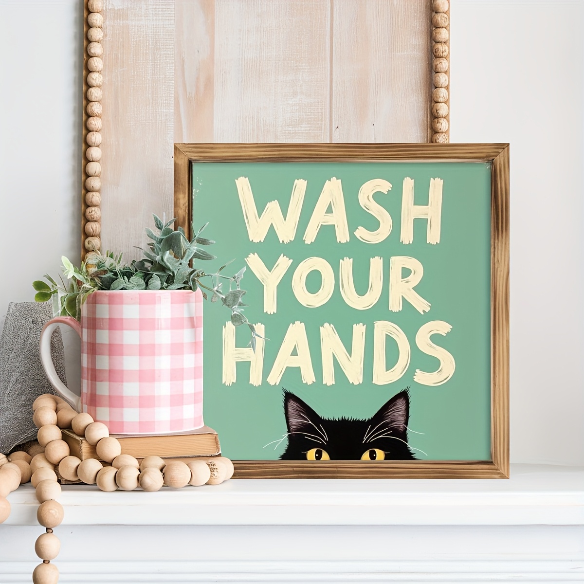 E-shop Retro Wasserdichtes Lustiges "Wäsche deine Hände" Dekoschild aus Holz mit Schwarzer Katze - Rustikaler Grauer Hintergrund, Türkisfarbener