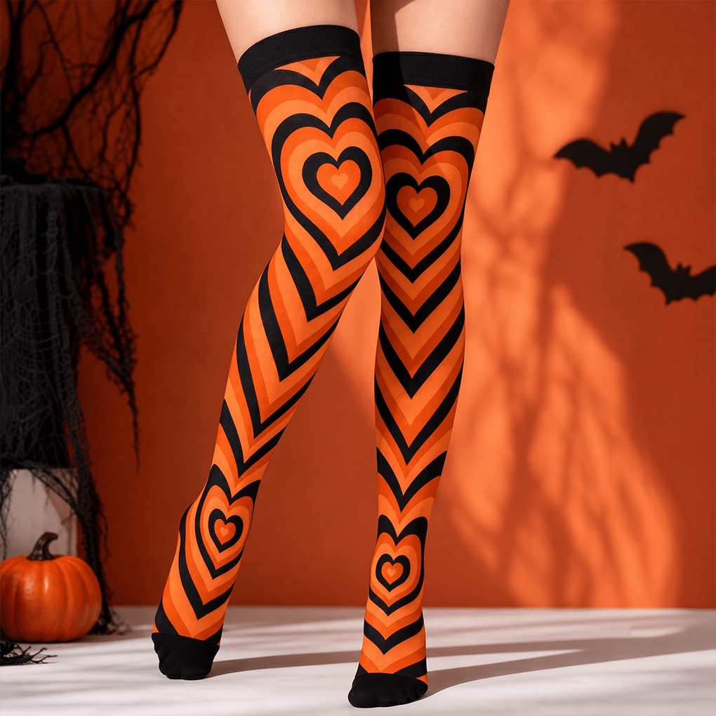 TEMU Black Heart Thigh High Socks, Y2k Optical Heart Pattern Over The Knee Stockings, Festival Long Socks For Party Outfit