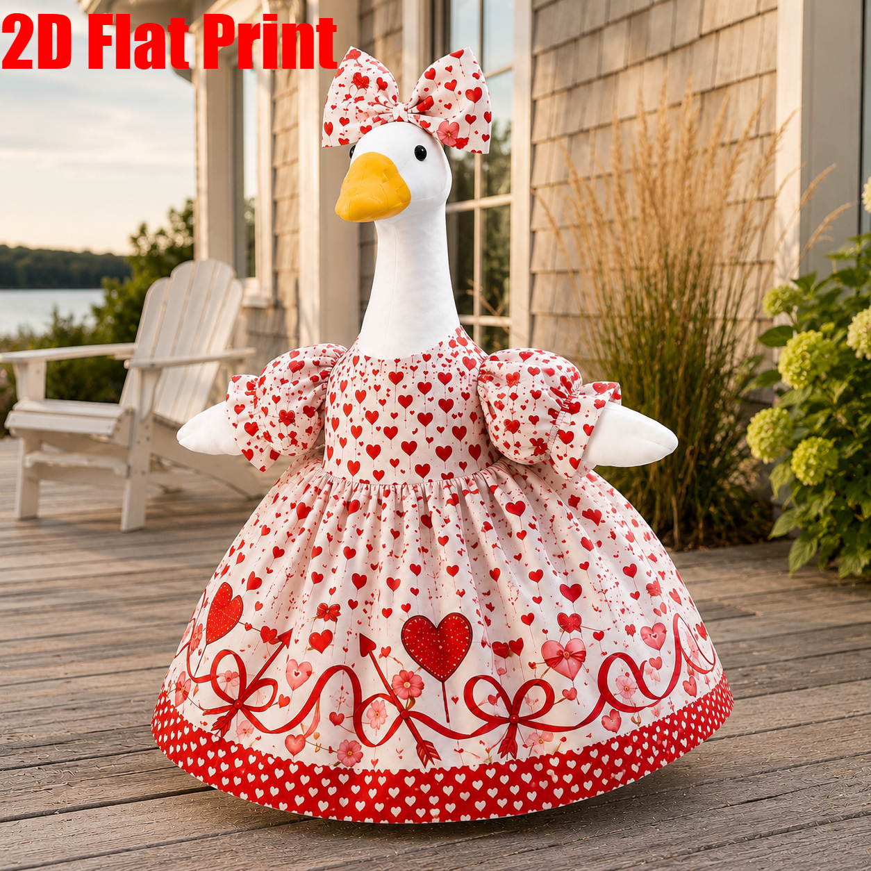 TEMU 2pcs 2d Flat Print Fits 23 Inch Porch Goose Outfit, Valentine's Day Red Heart Bow Arrow Floral Print Puff Sleeve Dress With Matching Bow,