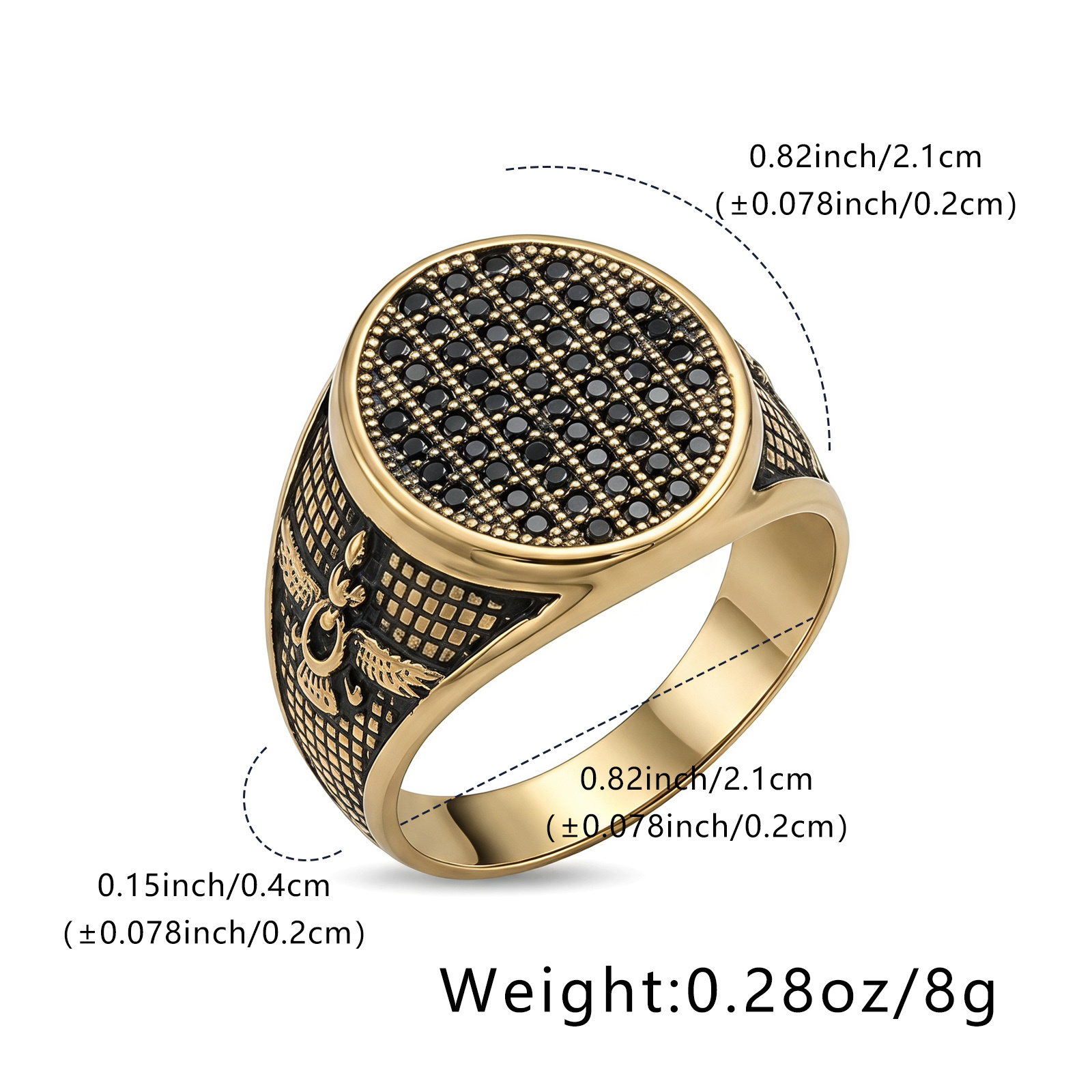Image of Lnchran 316l Stainless Steel Golden Oval Fully Inlaid Black Synthetic Cubic Zirconiaia Vintage Totem Men Wide Finger Band