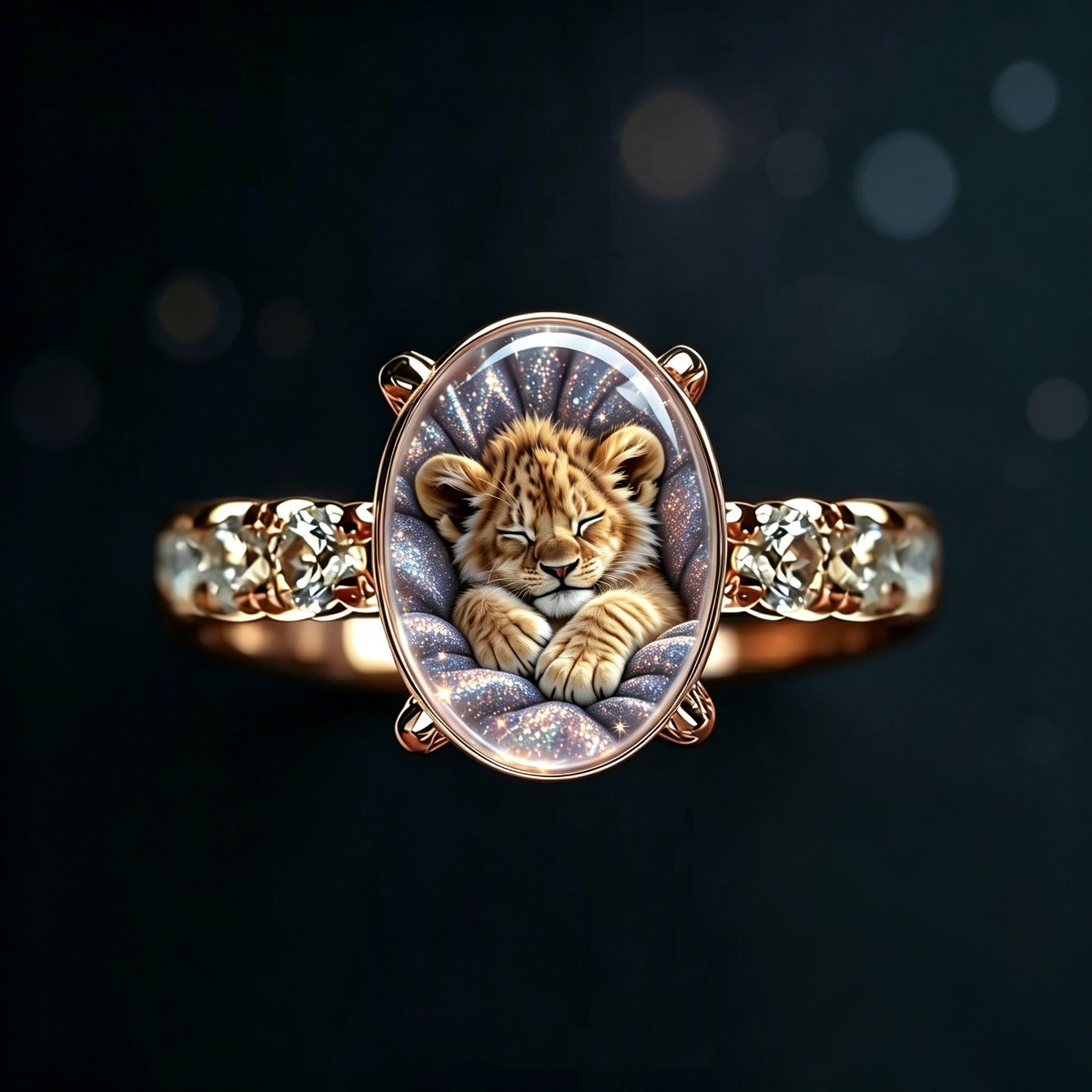 Vintage Gentle Sleeping Lion Cub Pattern Women's Ring