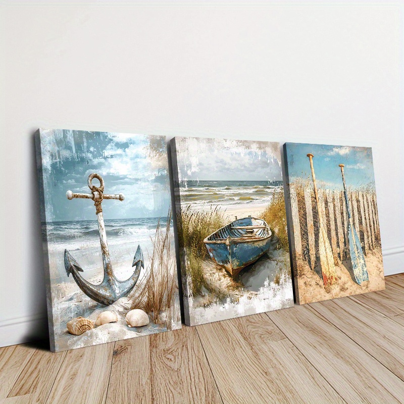 TEMU 2d3pcs Nautical Canvas Wall Art Set - Mysterious Anchor, Ship, And Beach Scene - Wood Framed And Ready To Hang - Ideal For Home, Kitchen, Office