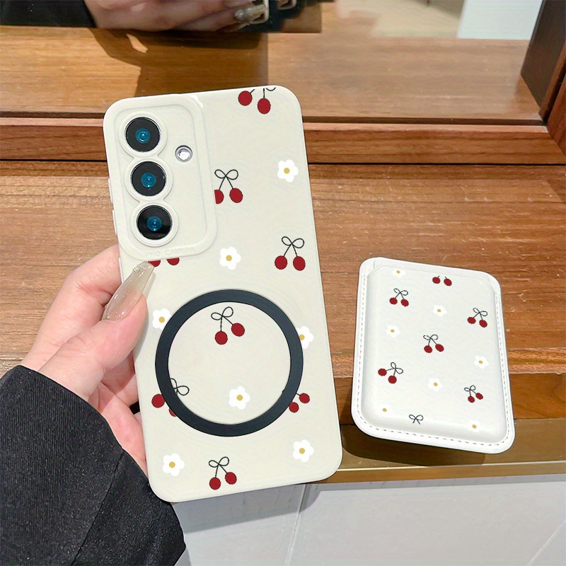 TEMU Phone Case: 2pcs 1 Set For Galaxy S25 Luxury Creative -inclusive Shockproof Cherry & Sunflower Pattern Magnetic Phone Case & Beautiful And