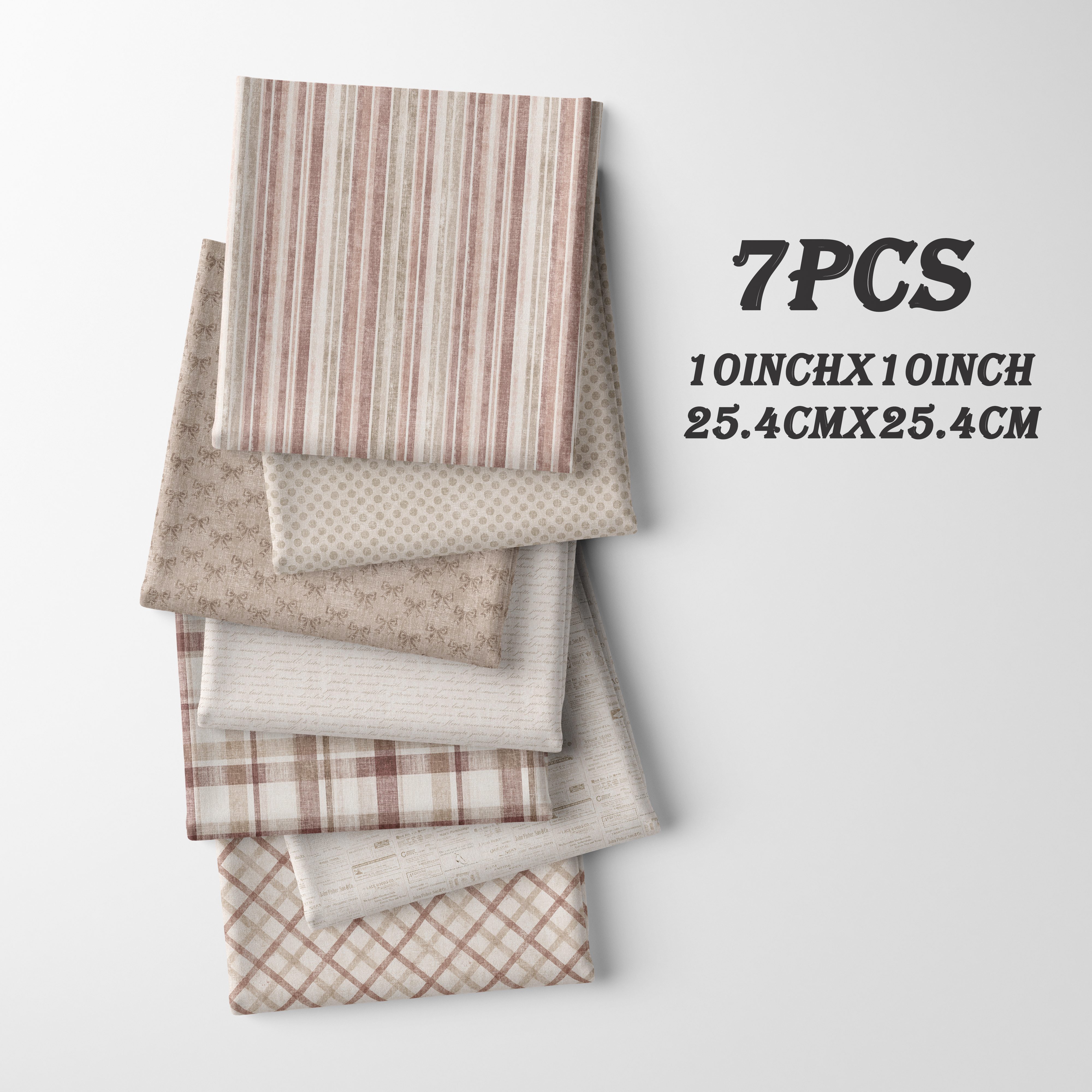 TEMU 7pcs Set Of 10-inch (25.4×25.4cm) Red-brown Rustic Fabric Pieces, Featuring Vertical Stripes, Polka Dots, Bow Prints, Checks, And Diamond