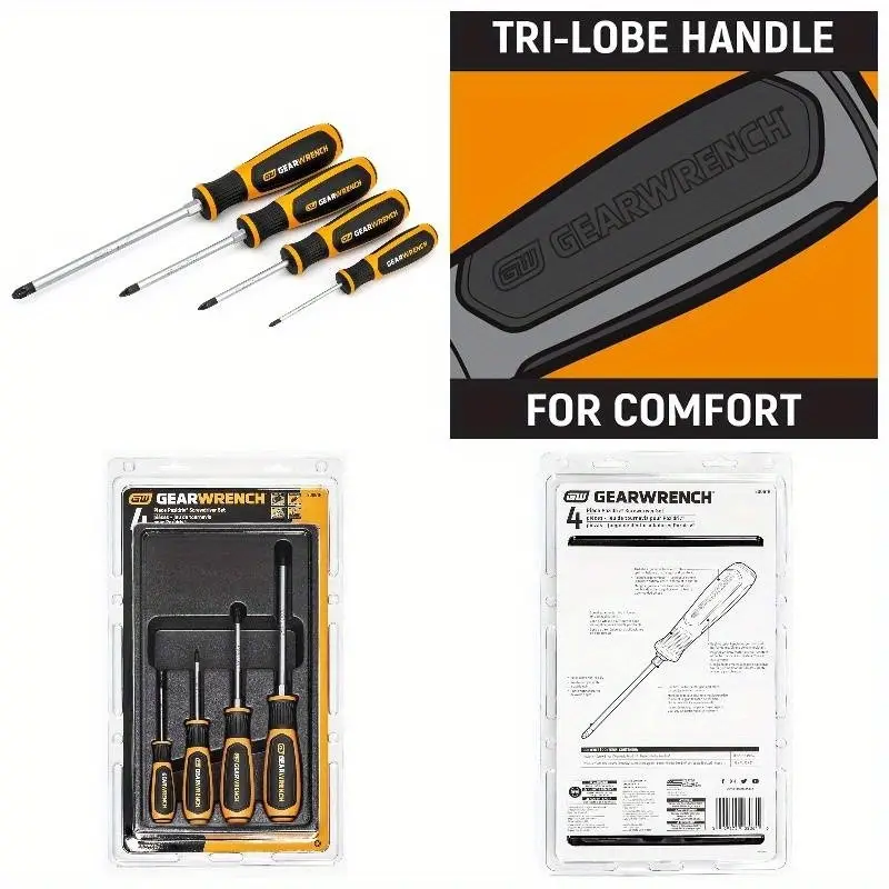 4pcs heavy-duty dual material screwdriver set with tri-loft handle & magnetic tip - 1/ ratchet compatible, ergonomic non-slip grip, durable construction for automotive, home, electronics, furniture assembly - ideal for diy & (no power required) - flathead, phillips, hex & bits, compact & portable design for comfortable use, precision work, versatile for applications, screwdriver set, auto repair tools, construction, reliable Product details 0
