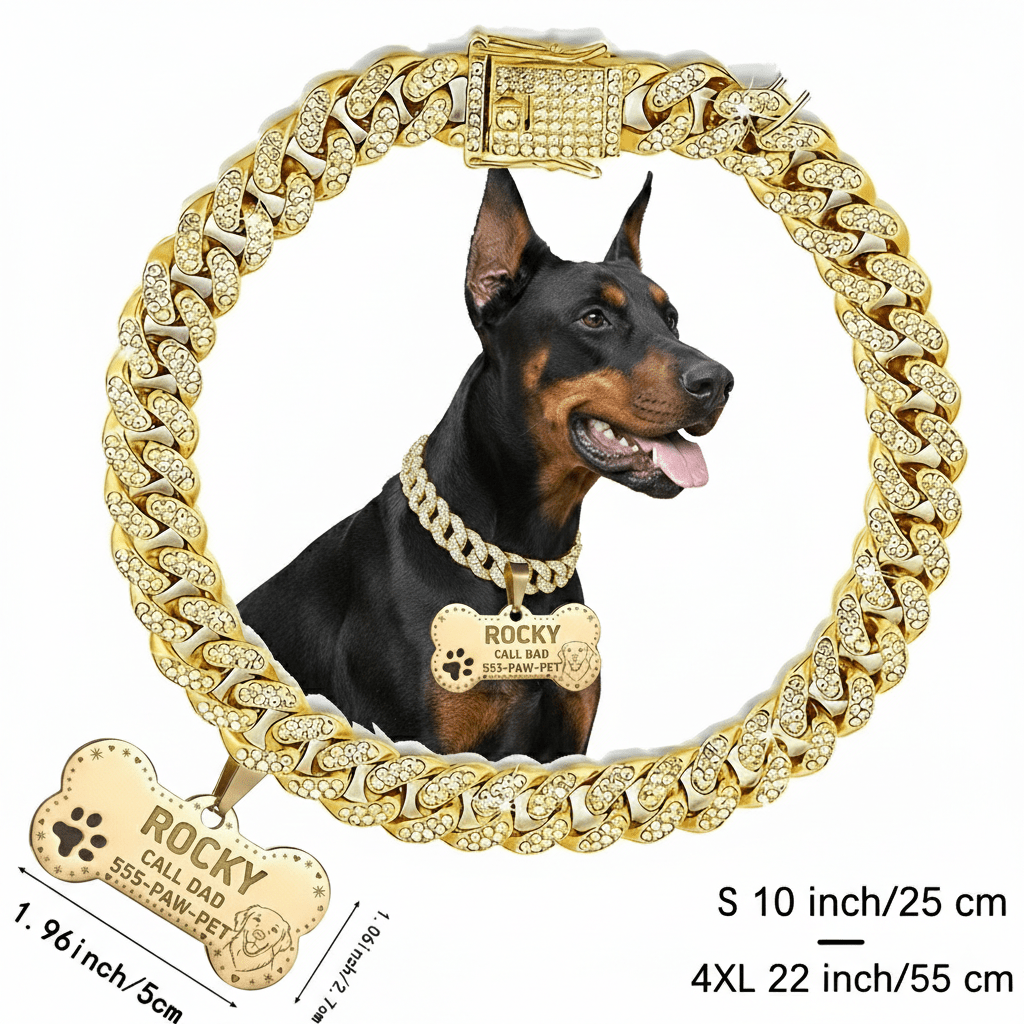Custom Cuban Chain Dog Collar with Engravable Name and Phone Number Tag | Suitable for Small Medium Large Dogs | Pet Lover's Custom Gift · Cat Collar & Pet Identification Accessories
