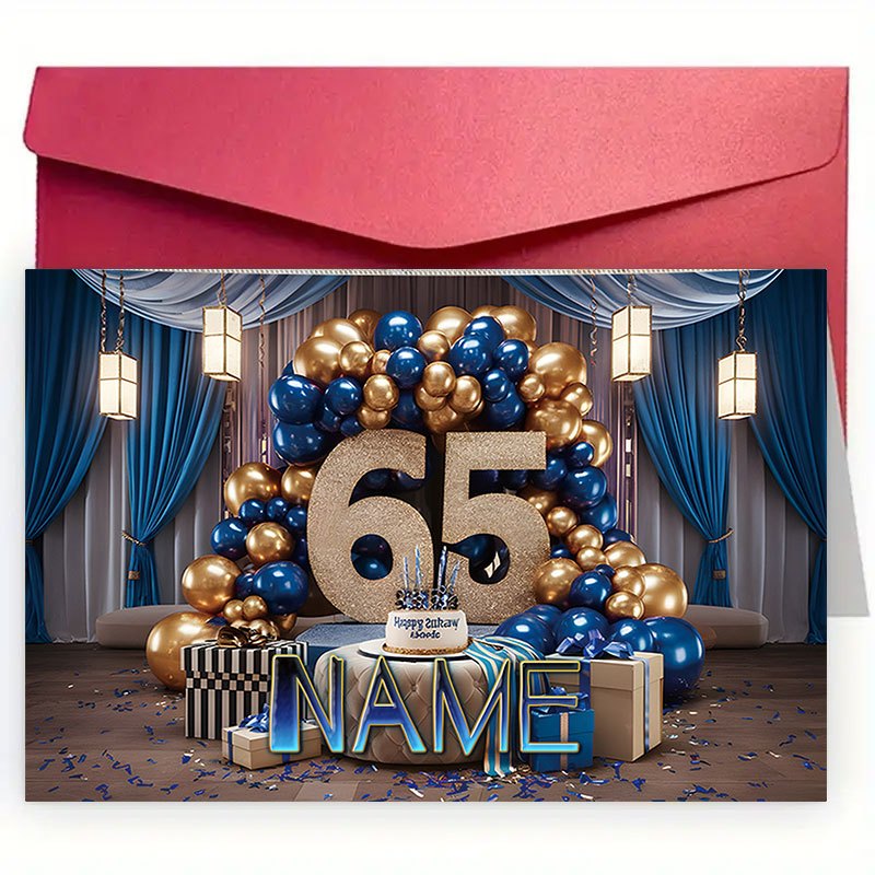 TEMU 1pc Personalized 65th Birthday Card With Envelope- Custom Name& Age Number, Golden& Navy Blue Elegant Age 65 Milestone Gift For, Durable Paper