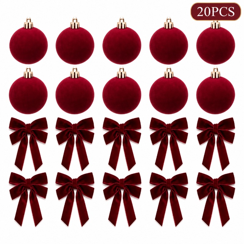 TEMU 20pcs Burgundy Velvet Christmas Ornament Set, 10 Velvet Christmas Balls & 10 Wine Red Bows, Elegant Xmas Tree Decorations For Wreath, Wedding,