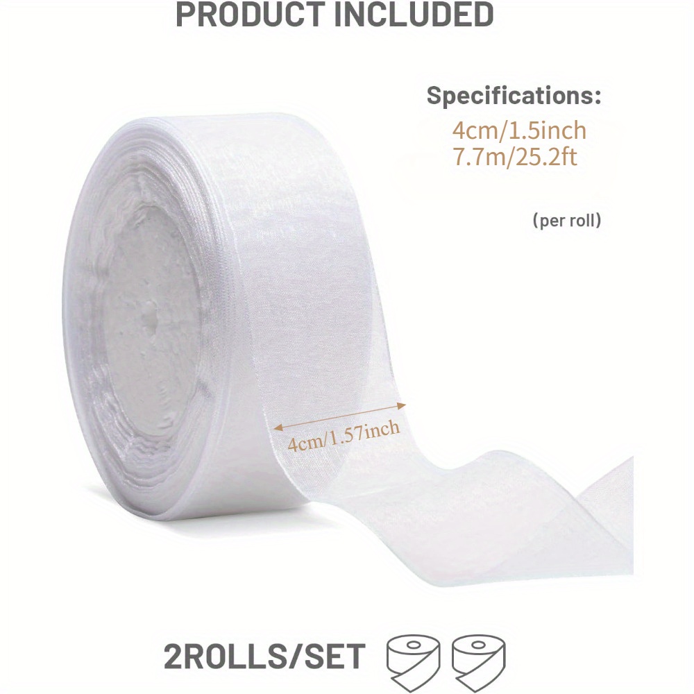 2 Rolls White Sheer Organza Ribbon - 1.5 Inch X 25ft For Wedding & Holiday Decor | Plastic Chiffon Material, Featherless Edge