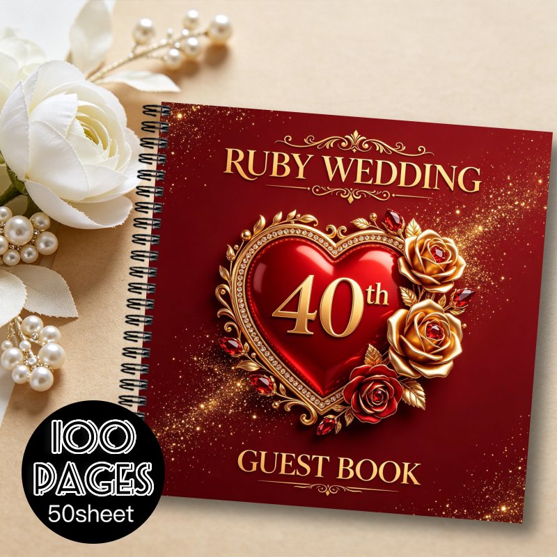 TEMU 1pc 40th Ruby Wedding Guest Book & Signature Book With Golden Rose Decor & Red Heart - Elegant Message Book Suitable For Wedding Anniversary,