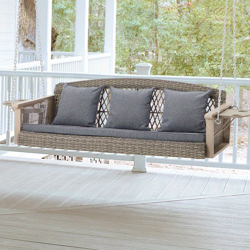 Gray 3-Person Wicker Porch Swing Featuring a 1.5-Foot Cup Holder, a 55-Inch Patio Hanging Swing Bench Complete with Cushions, And a Weight Capacity of 800 Pounds