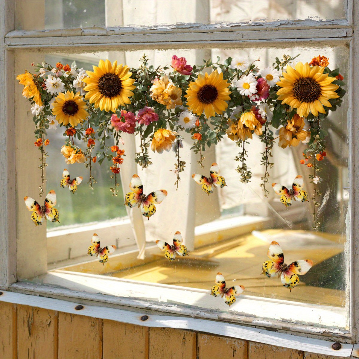 TEMU Static Cling Sunflower & Wall Stickers - Realistic Pvc Flower Clusters With Static, & Stick For Bathroom, Window,, - Removable Contemporary /modern Décor (no Residue)