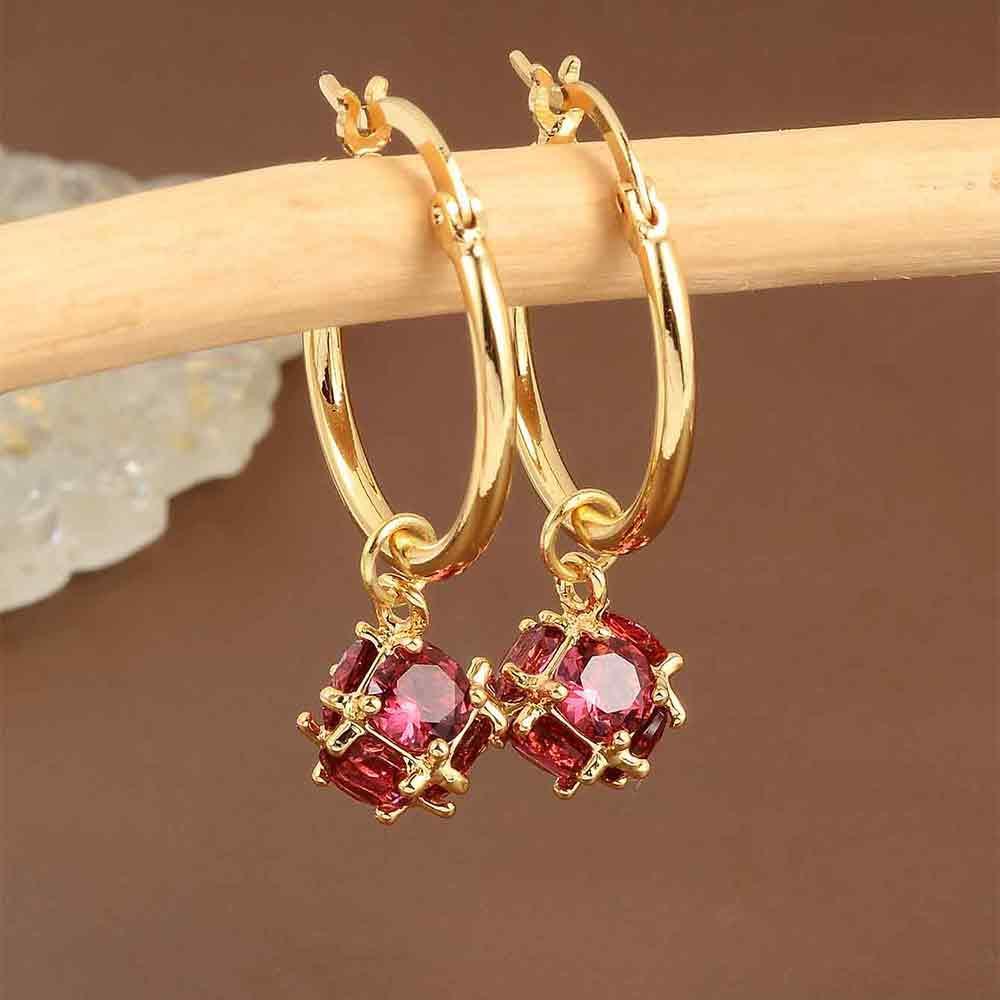 Beautiful Luxurious Red Spherical Synthetic Zirconia Hoop Pendant Earrings