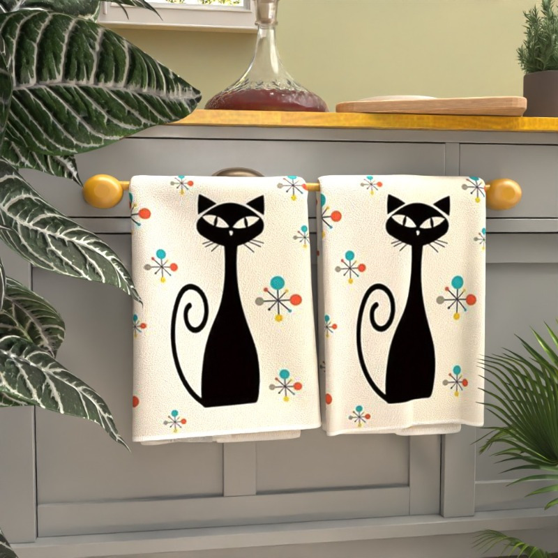 

2pcs Retro Cat Design Kitchen Towels, 18x26 Inches, Super Soft Polyester, Machine Washable, Contemporary Themed Woven Towels For Home Decor, Unique Gift For Cat Lovers