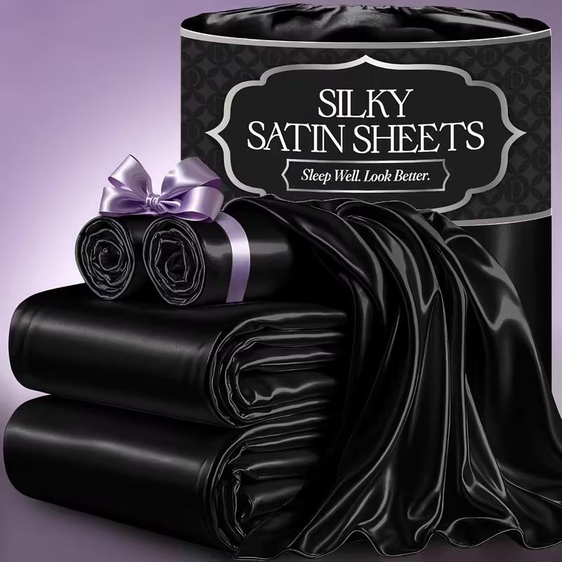 TEMU 4pcs 2100tc Satin Sheets Queen Size Bed Set - Luxury Silky Bed Sheet Set, Ultra Soft Queen Bed Sheet Breathalbe Bed Sheets Queen Set 4pcs Bed