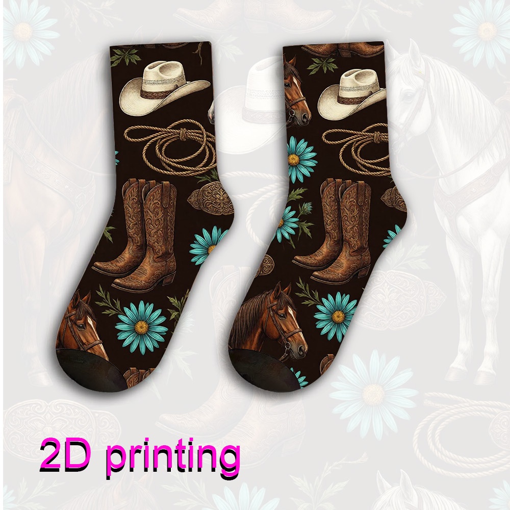 TEMU Une paire de chaussettes uniques conçues avec un motif d' western vintage de cheval et de cowboy pour femmes et hommes, chaussette entièrement