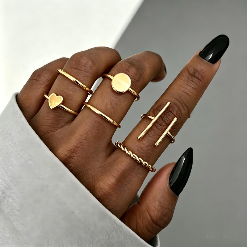 TEMU 6pcs Stackable Ring Set For Women, Gold-tone Open Knuckle Midi Rings, Minimalist Twist Round Disc Finger Rings, Adjustable Fashion Additions For