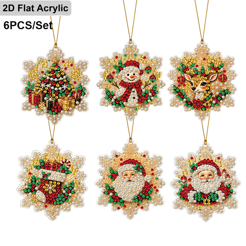 TEMU 2d Flat, 6pcs 8cm Christmas Pearl Diamond Painting Kit Hanging Ornaments, Home Decor, Gift Box Snowman Reindeer Christmas Stocking Santa Claus