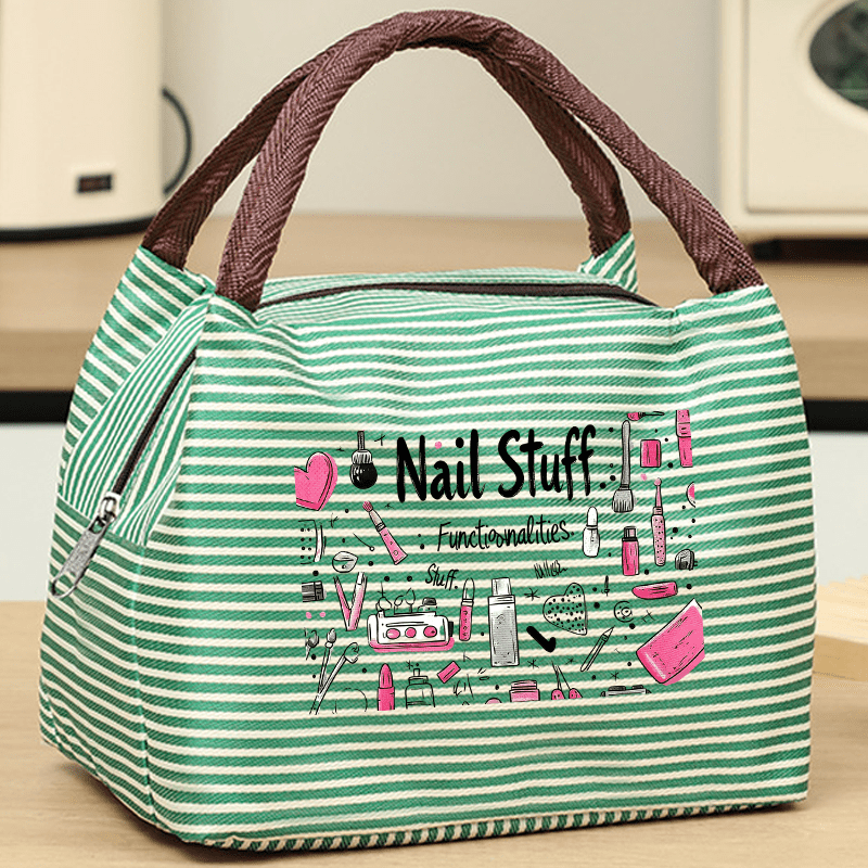 TEMU Nail Tool Line Art Print Striped Tote Bag, Women's Handbag, Organizer Portable Makeup Bag Reinforced Woven Large Capacity Zipper Closure