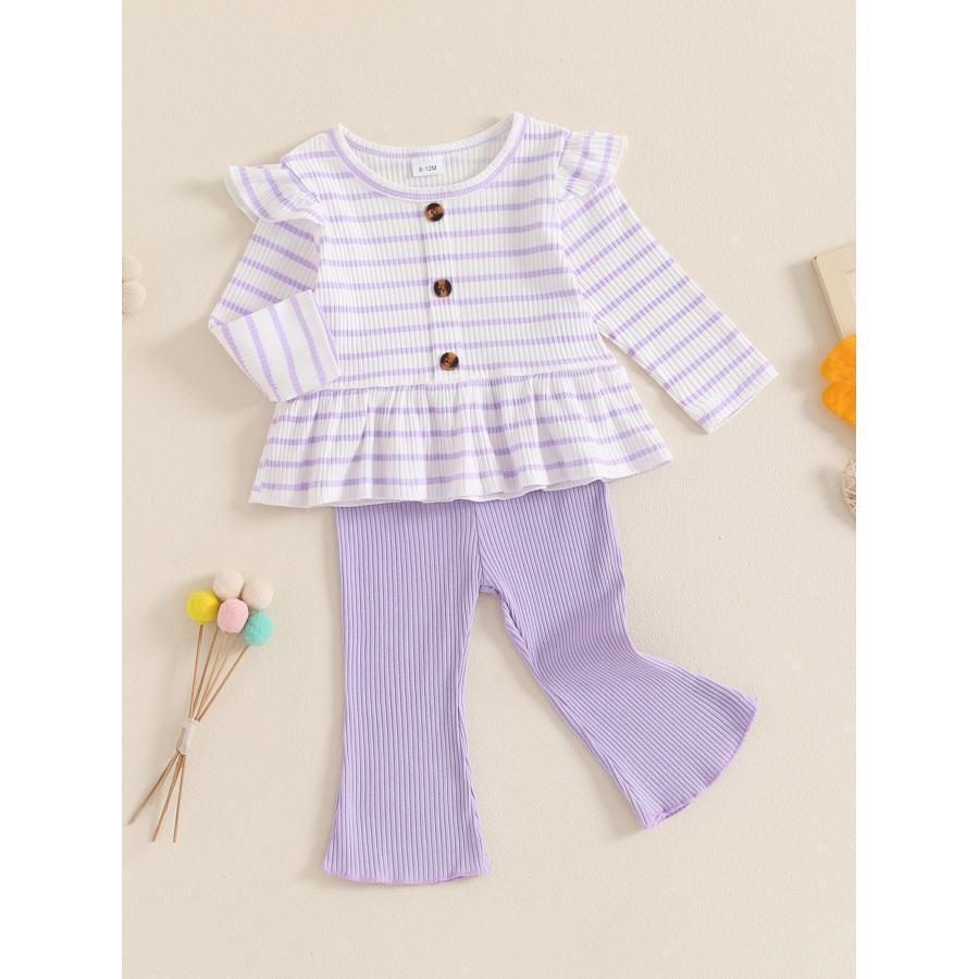 

Kid Girls Pants Set, Long Sleeve Stripes/dots/ T-shirt With Flare Pants Fall Outfit, For Outdoor