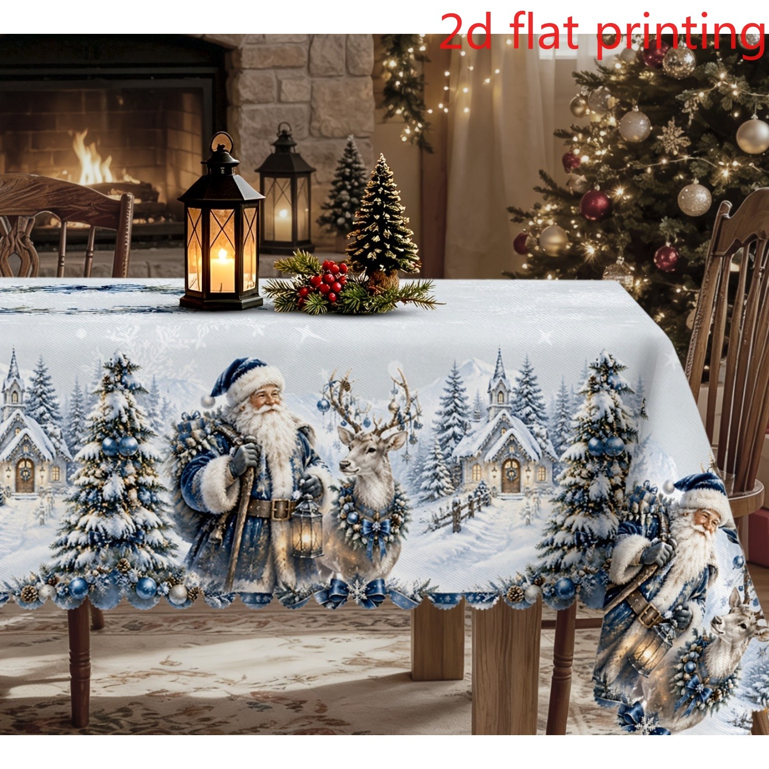 TEMU Tablecloth 1pc 2d Flat Retro Santa Reindeer Snowy Scenery Pattern Tablecloth, Winter Christmas Festive Style, Enhancing Warm Nostalgic Holiday