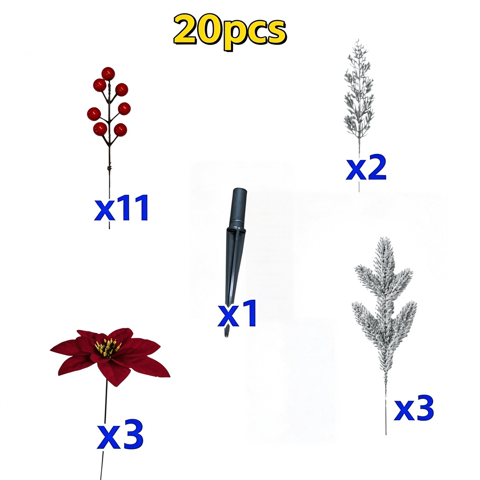 TEMU 20-pack Artificial Poinsettia Picks With Frosted Snowy Cedar And Red Berries, With Ground Stakes, Indoor & Outdoor Home Floral Decor, Inserted