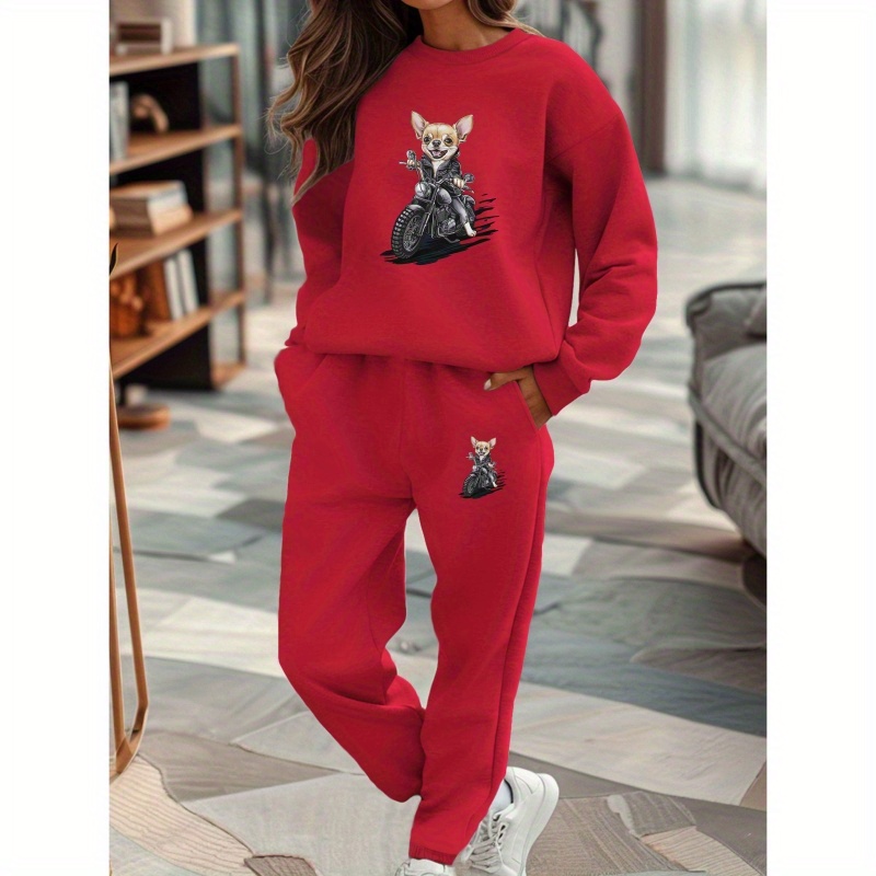 

Chic Cartoon Chihuahua Motorcycle Women's Sweatshirt & Joggers Set - Cozy Polyester, Non-stretch, Machine Washable - Fall/winter