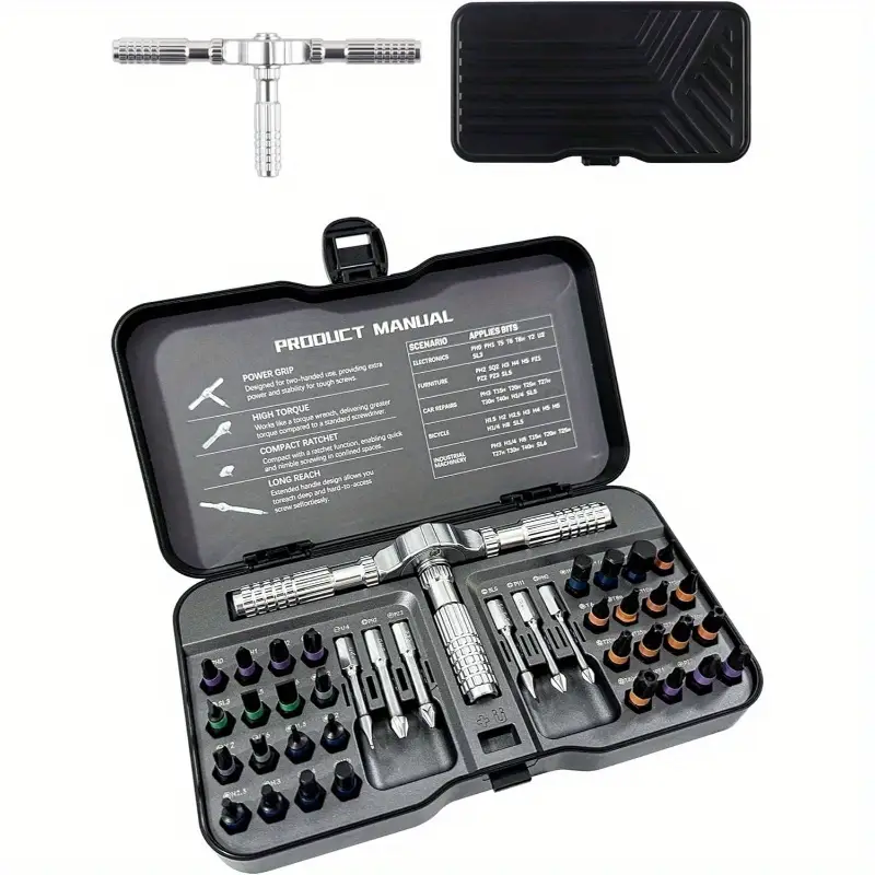 40-in-1 ratchet screwdriver set with 38pcs s2 steel bits, multi-magnetic detachable handle, portable electrical assembly tool kit, no electricity needed, screwdriver set|ratchet mechanism|durable construction, screwdriver set Product details 0