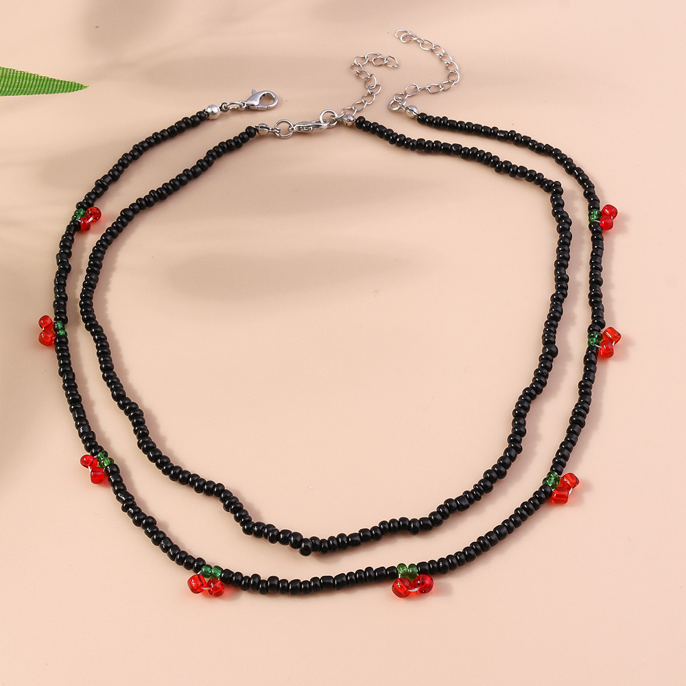 2pcs Women's Cherry Fruit Bead Necklace Set Bohemian Gothic Style