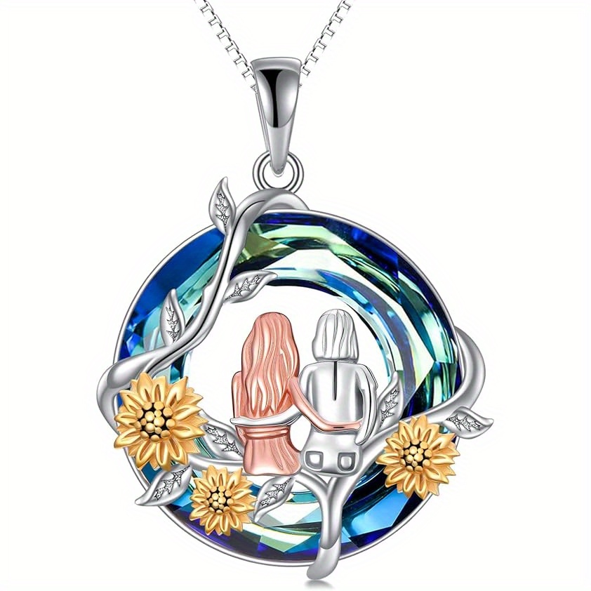 Image of 925 Sterling Silver Sunflower Rose Pendant Necklace Inlaid Blue Artificial Crystal Elegant Fine Jewelry Daily Neck Accessory For Women