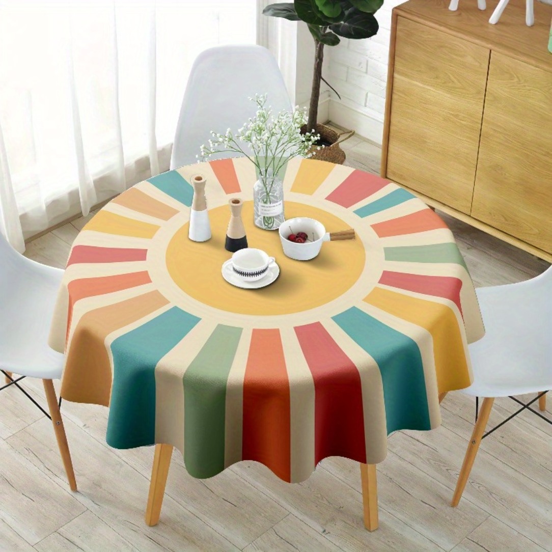 TEMU 2d Flat Tablecover 1pc Spring Bohemian Moroccan Style Round Tablecloth, Retro Striped Round Tablecloth, Home Kitchen Table Cover, Indoor Outdoor