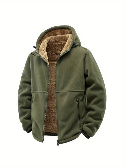 a loose fitting hooded jacket for men designed for autumn and winter featuring windproof and warm polar fleece material complete with a full zipper and front pockets ideal for staying during weather